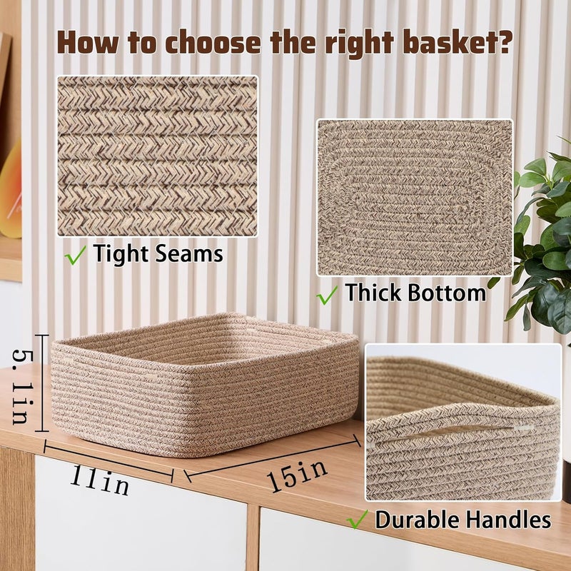 MiniArk Large Shallow Organizing Baskets 15x11x5.1 Inches - Rope Woven Storage Bins for Bathroom, Shelves, Cube Closet, Mixed Brown 2 Packs - Image 2